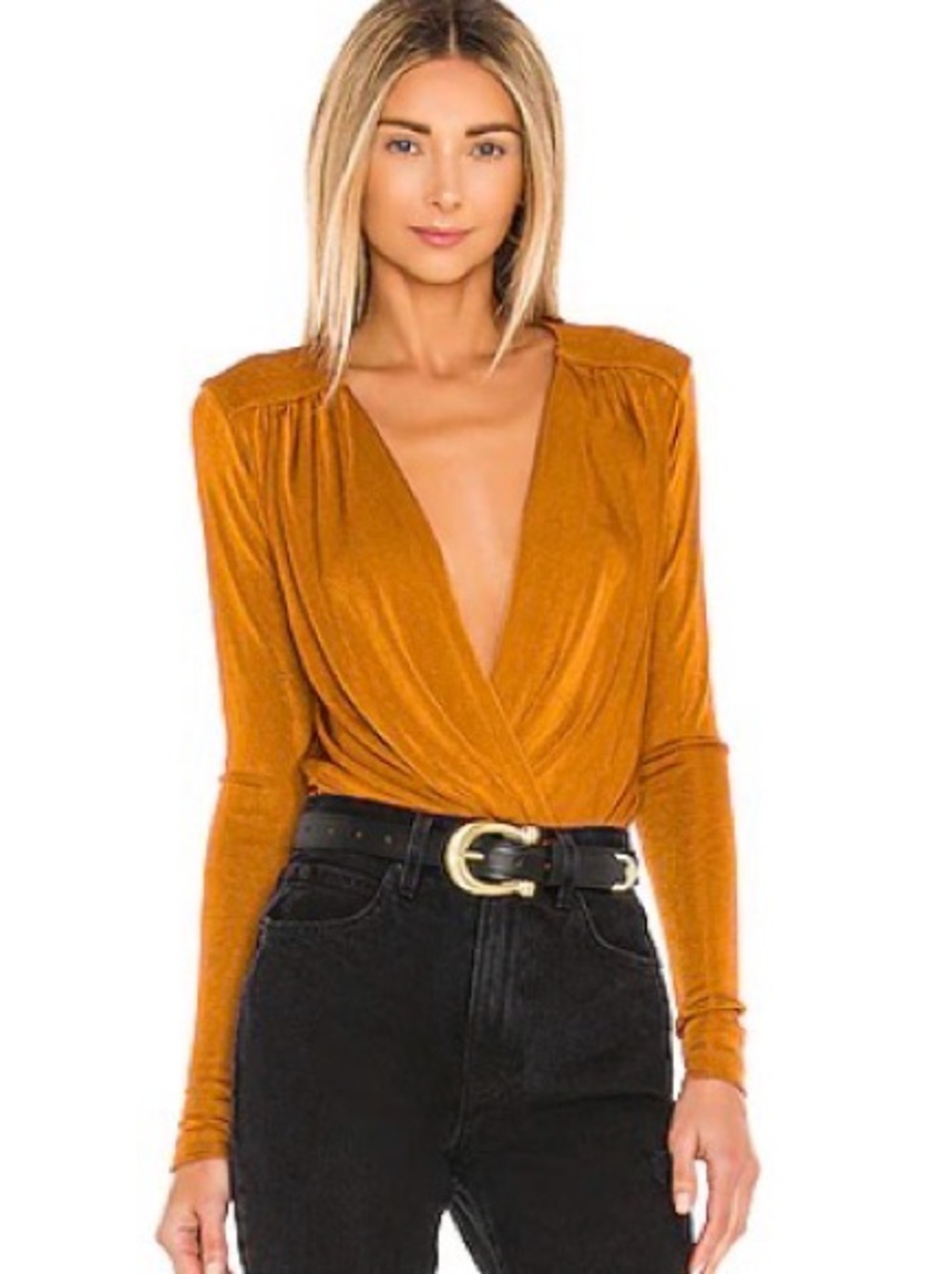 Free People X REVOLVE Turnt Bodysuit in Honey Ginger - Long sleeve wrap bodysuit